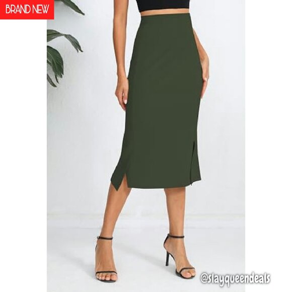 Stretch High Waist Pencil Skirt Midi Slit Office Bodycon - Picture 5 of 7